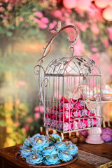 candy table decorated with bird cage, party sweets, party candy, condensed milk candy balls, candy balls, children's party, birthday party, vintage party