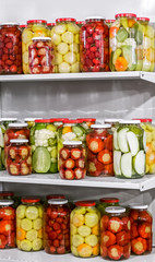 Traditional Romanian pickles of various fruits and vegetables on the shelves