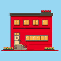 Red house with two floors. Vector illustration. Flat style.