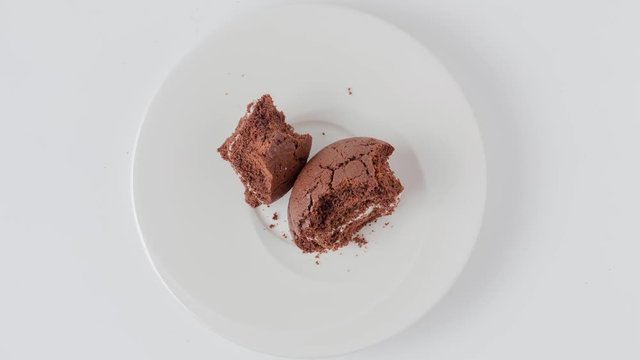 Time Lapse of eating cookies, chocolate and cream on a white plate