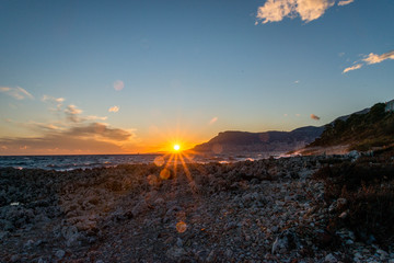 The bay of Montecarlo Monaco at sunset from Cap Martin in a sunny winter day