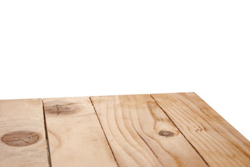 Empty wooden table top on white background.