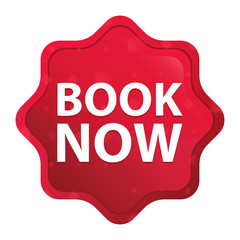 Book Now misty rose red starburst sticker button