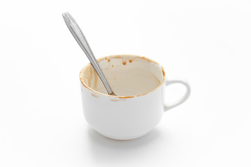 select focus front cup coffee, blank single coffee cup. white glass on white background. Ceramic cup top view