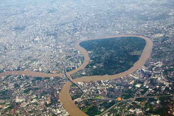 Aerial view of Bang Krachao , the green area or lung of Bangkok city, Concept for city development...
