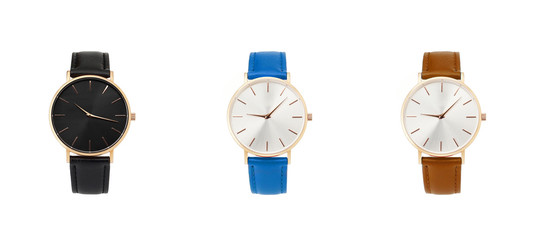 Classic women gold watch black dial, leather strap, isolate on white background