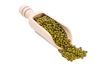 Mung or Mungo in wooden scoop isolated on white background. nutrition. bio. natural food ingredient.