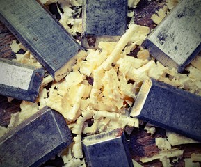 steel blades many chisels and sawdust chippings with old toned e
