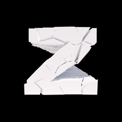 Isolated cracked alphabet letter Z on a black background. 3D illustration.
