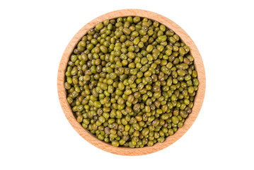 Mung or Mungo bean in wooden bowl isolated on white background. nutrition. food ingredient.