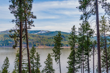 Scenic lake with mountains and evergreens