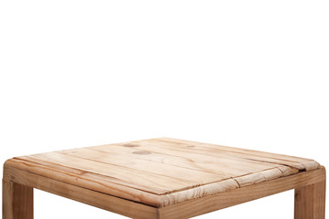 Empty wooden table top on white background.