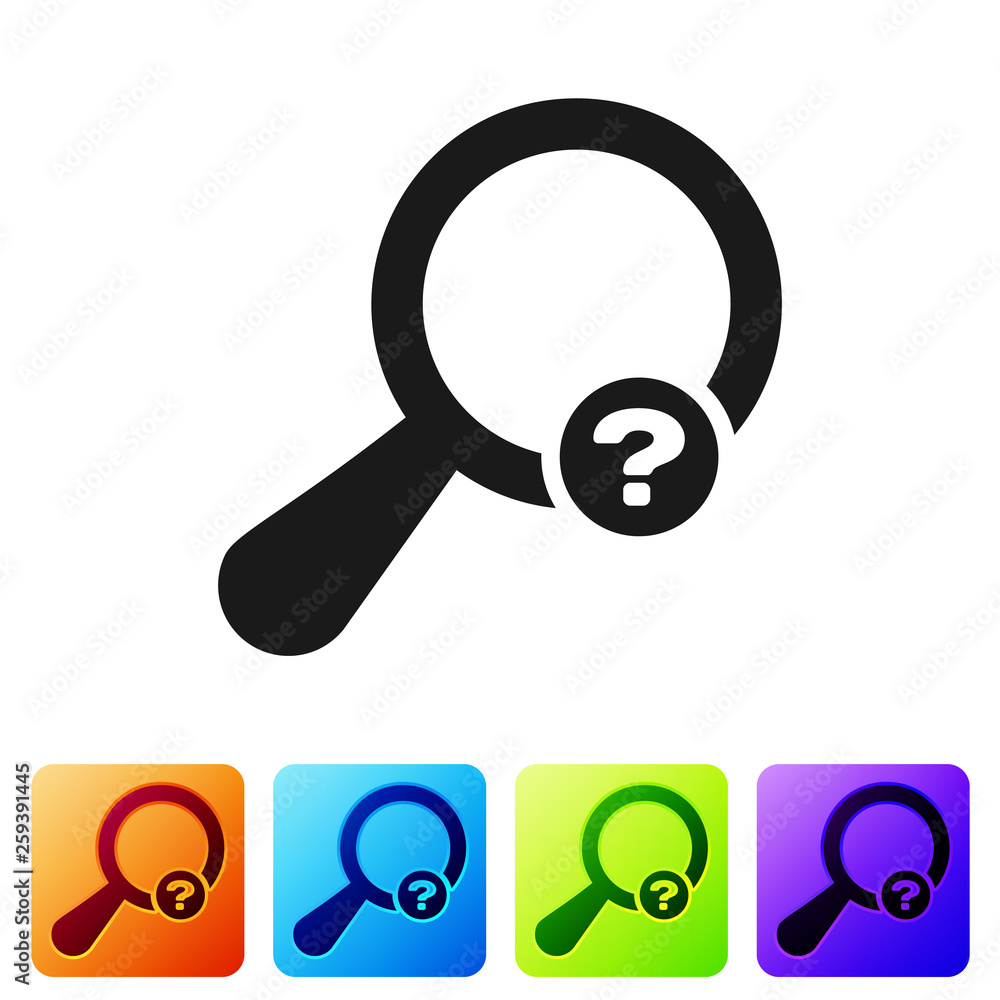 Poster black unknown search icon isolated on white background. magnifying glass and question mark. set icon