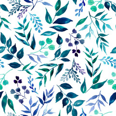 Seamless pattern of green leaves, herbs, tropical plant hand drawn watercolor  .Fresh beauty rustic eco friendly background.