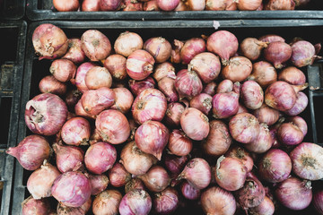 red onions in a basket Healthy vegetables Onions in a supermarket