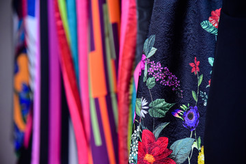 close-up of fabrics with colorful embroidery