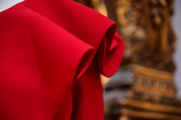 closeup of red dress sleeve detail, christmas costume, red dress