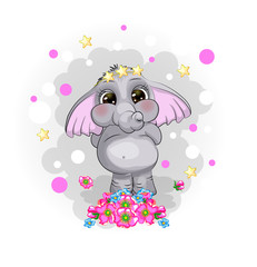 Greeting card cute cartoon Elephant. Cute cartoon Elephant. Cheerful animated Elephant calf. 