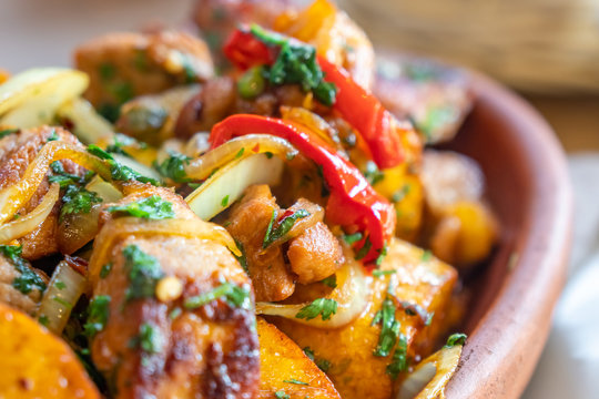 fried potatoes and meat, Ojakhuri - georgian food