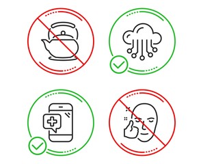 Do or Stop. Medical phone, Cloud storage and Teapot icons simple set. Healthy face sign. Mobile medicine, Data service, Tea kettle. Healthy cosmetics. Business set. Line medical phone do icon. Vector