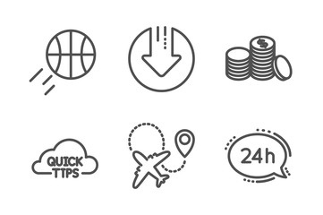 Basketball, Airplane and Banking money icons simple set. Download arrow, Quick tips and 24h service signs. Sport ball, Plane. Business set. Line basketball icon. Editable stroke. Vector