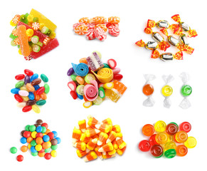 Set of different tasty candies on white background, top view
