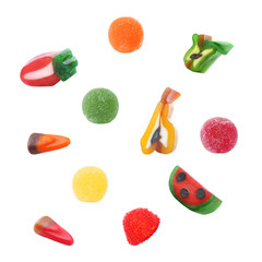 Set of different colorful candies on white background