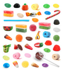 Set of different tasty candies on white background
