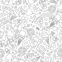 Black and white pop pattern on white background. Fashion illustration drawing in modern style for clothes. Drawing for kids clothes, t-shirts, fabrics or packaging. Ice cream, sweets, candy.