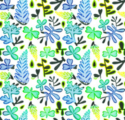 Seamless watercolor pattern made of wild flowers, meadow plants, leaves and herbs. Bright hand drawn floral elements for wrapper, wallpaper, postcard, greeting card, wedding invitations,romantic event