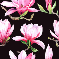 watercolor seamless pattern of magnolia flowers. Magnolia spring bloom. greeting card and wedding invitation.