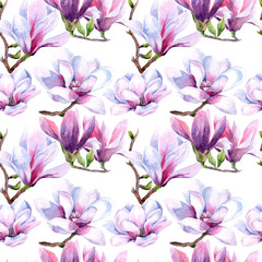 watercolor seamless pattern of magnolia flowers. Magnolia spring bloom. greeting card and wedding invitation.