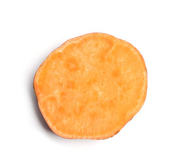 Slice of ripe sweet potato on white background, top view