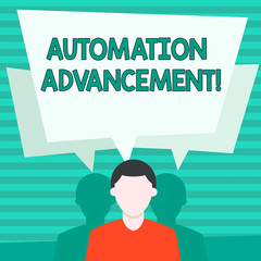 Conceptual hand writing showing Automation Advancement. Concept meaning application of machines tasks once performed huanalysiss Faceless Man has Two Shadows with Speech Bubble Overlapping