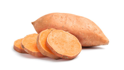 Fresh ripe sweet potatoes on white background