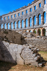 Pula arena - view from inside to the remains of ancient buildings, Croatia