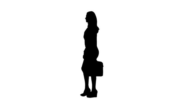 Woman with a briefcase in hand walks and waves. Side view. White background. Silhouette. Slow motion