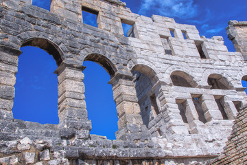 Pula Arena - Restored arched walls at Pula, Croatia, close-up