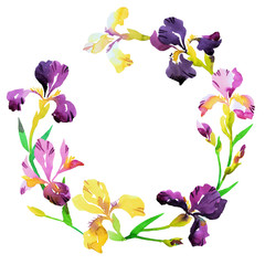 Fototapeta na wymiar Watercolor floral wreath with iris flowers on white. Colorful botanical round frame for cards design. Great for wedding invitation, greeting card, poster, placing text, phrases.