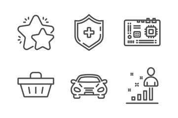 Car, Medical shield and Star icons simple set. Shopping basket, Motherboard and Stats signs. Transport, Medicine protection. Business set. Line car icon. Editable stroke. Vector