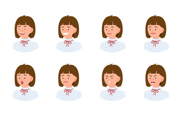 Emotional face 3/4 view cartoon character young office woman design set. Happy, smiling, upset, surprised, sad, angry, shouting person flat concept