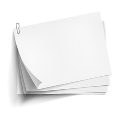 White sheets of paper with metal paper clip. Metal paper clip attached to paper. Stack of paper sheets. Vector illustration.