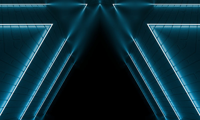 Obraz premium Abstract dark background with brick wall and neon light. Neon blue rays