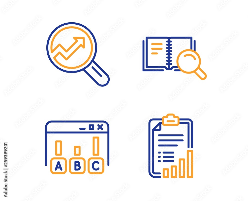 Poster survey results, analytics and search book icons simple set. checklist sign. best answer, audit analy