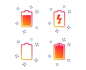 Battery charging icons. Electricity signs symbols. Charge levels: full, empty. Random dynamic shapes. Gradient battery icon. Vector