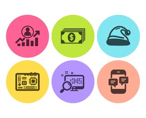 Motherboard, Search and Career ladder icons simple set. Banking, Santa hat and Phone messages signs. Computer component, Find file. Business set. Flat motherboard icon. Circle button. Vector