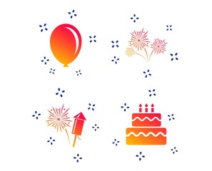 Birthday party icons. Cake and gift box signs. Air balloon and fireworks symbol. Random dynamic shapes. Gradient birthday cake icon. Vector