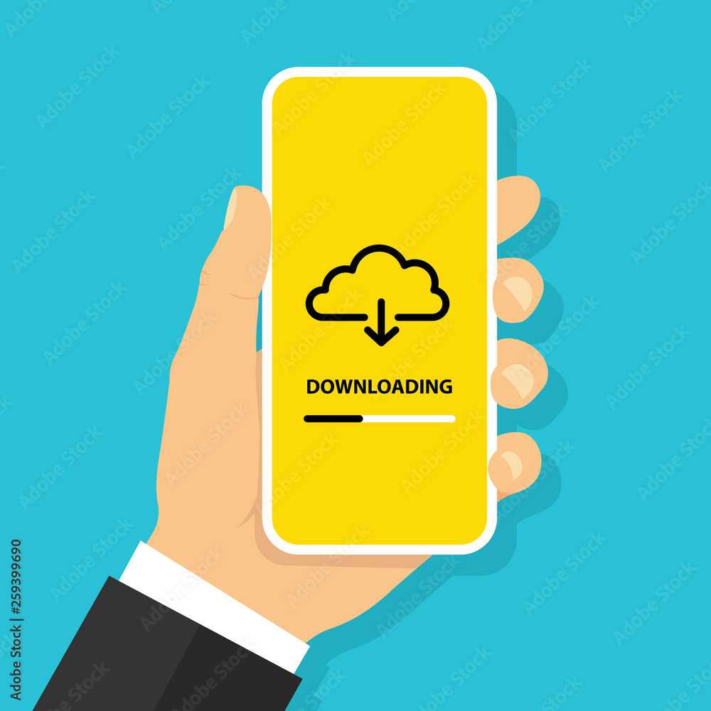 Poster hand holding smartphone with download file button from cloud on screen. loading process concept - st