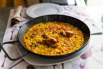 Pan of tasty paella with chicken