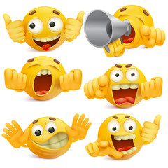 Funny yellow smiley face emoticon cartoon characters set
